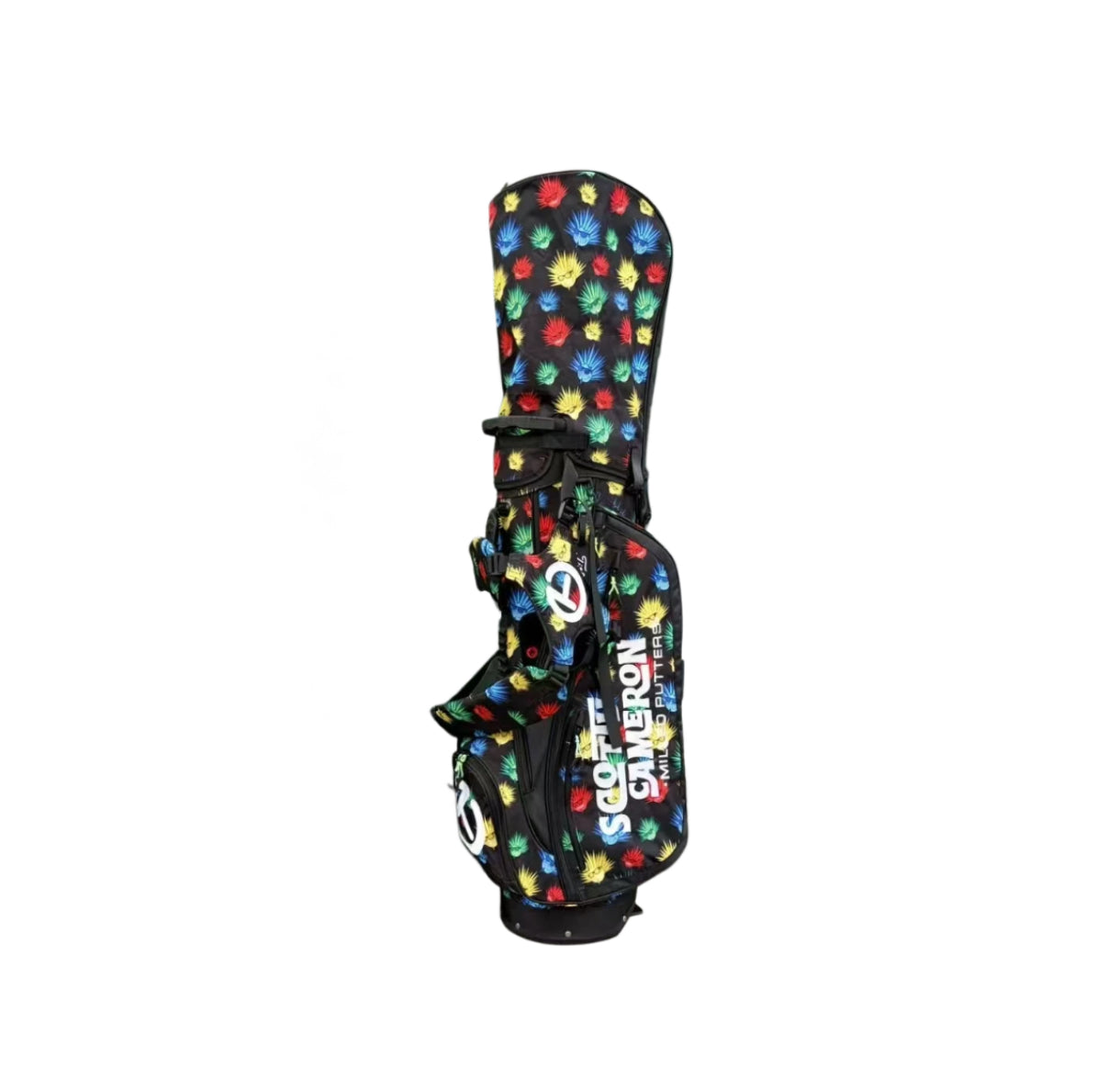 A vertical product shot of the Scotty Cameron Pathfinder Agave Man stand bag, providing a clear view of its full length and the colorful agave pattern against a black background.