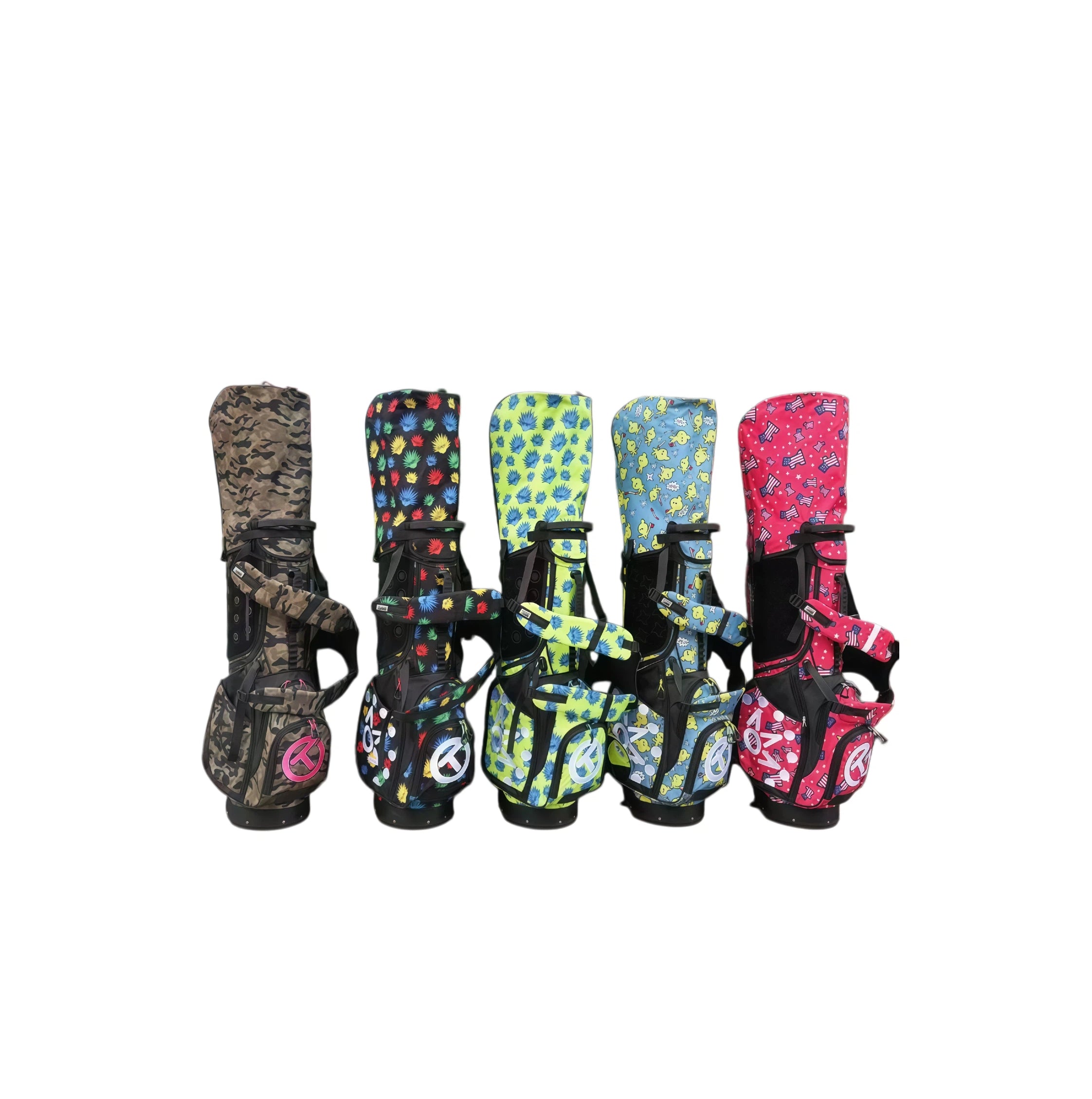 A side profile of five Scotty Cameron Pathfinder Hometeam Stand Bags. This angle shows the shape and strap design of each bag in the collection, including the camo, pineapple, and patriotic-themed models.