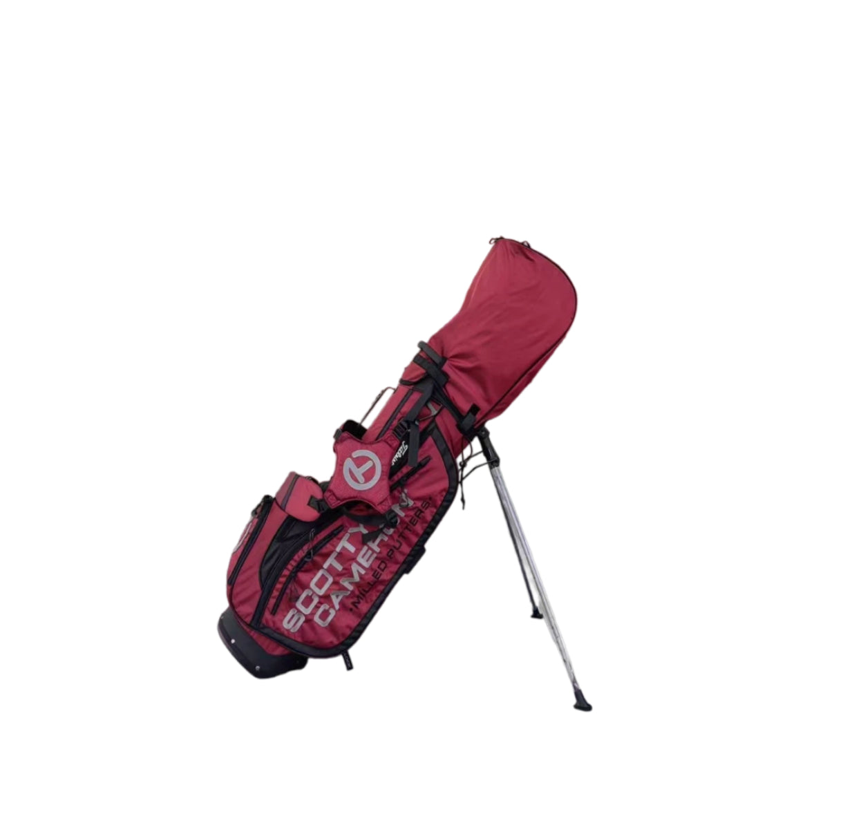 Red golf bag with black accents on a white background