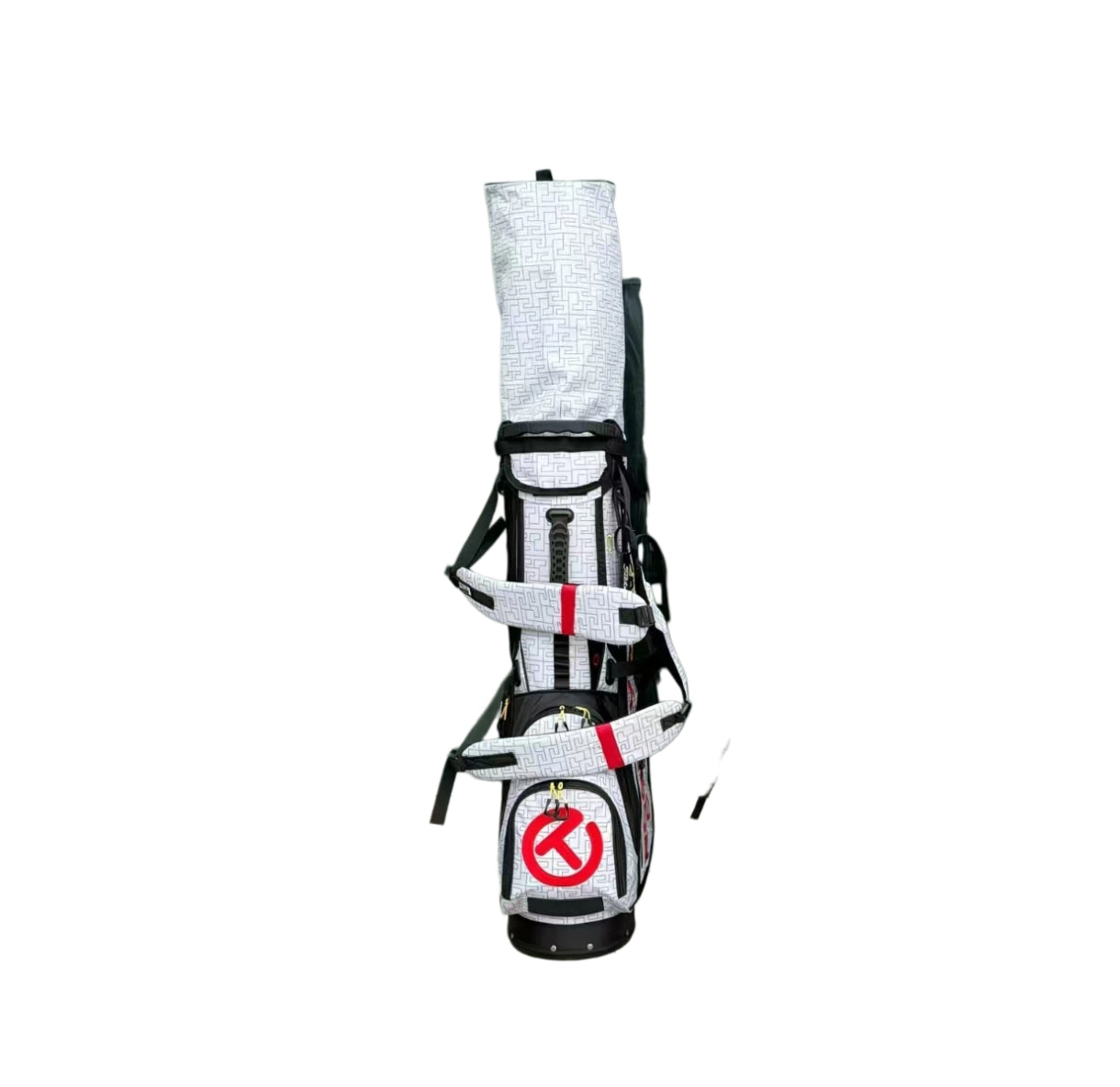 A side profile of the Scotty Cameron Pathfinder SC Geo stand bag fully deployed. This image showcases the bag's sleek silhouette, the integrated stand mechanism, and the branding on the side panel.