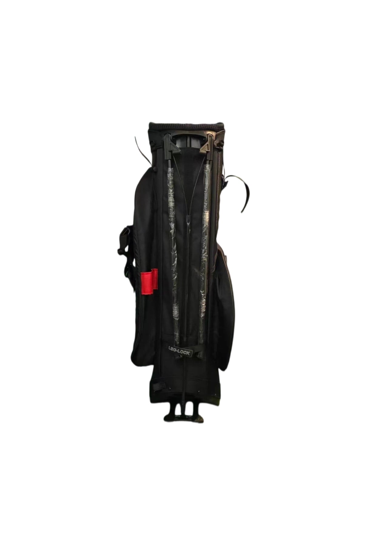 Rear view of the Scotty Cameron Pathfinder Stand Bag highlighting the integrated stand legs with "LEG-LOCK" mechanism, red accent pocket, and durable black fabric back panel.