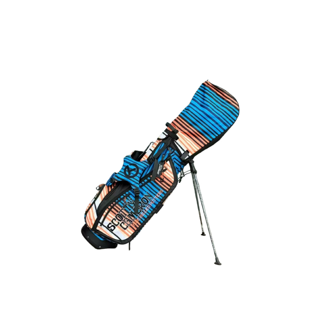 A reverse angled view of the Scotty Cameron Sunset Serape stand bag. This perspective highlights the design on the opposite side and the structure of the bag's pockets and dual straps.