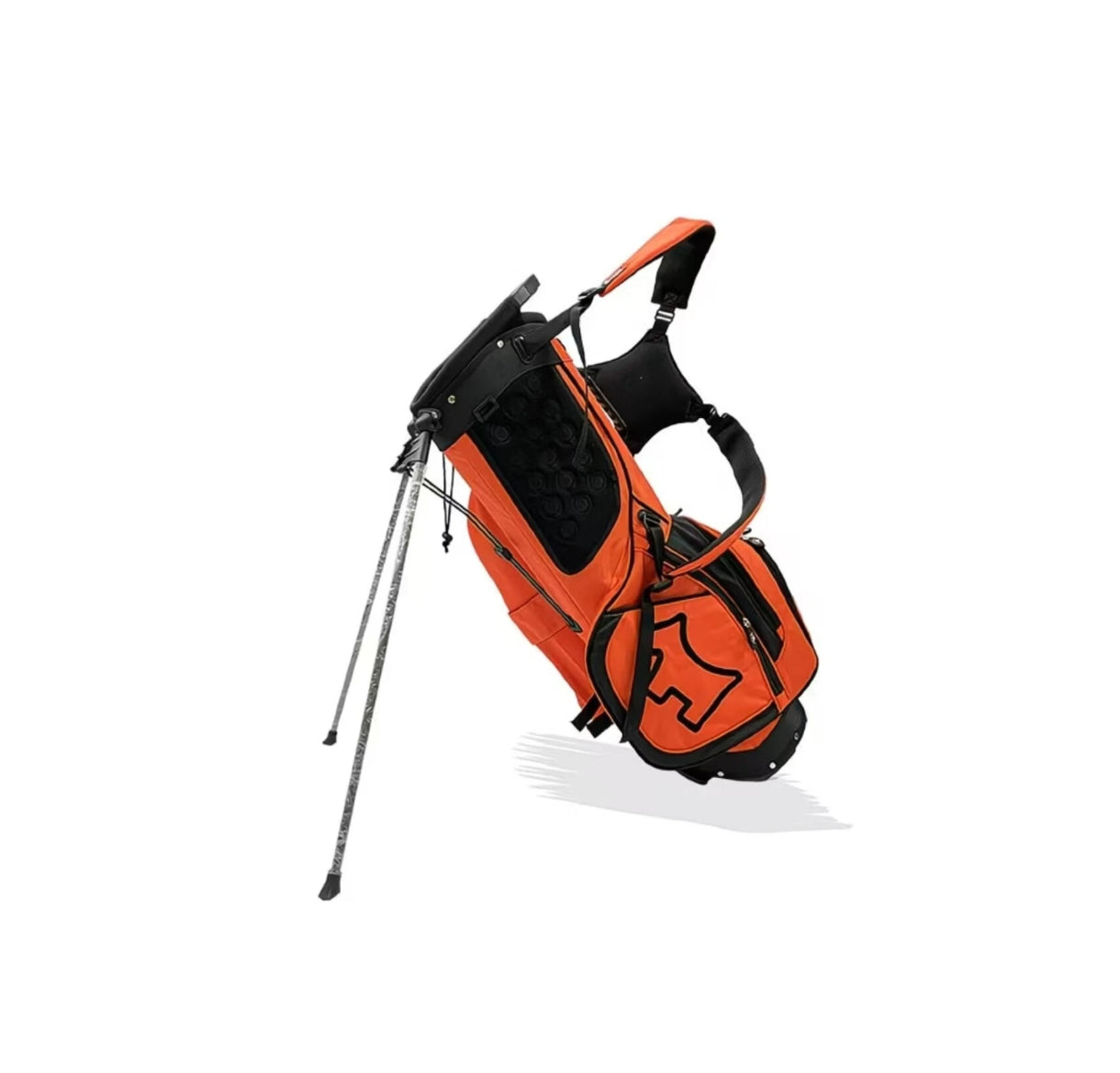 Rear view of the Scotty Cameron Scottydog Stand Bag in Orange, highlighting the integrated stand legs, padded back panel, and ergonomic design for comfortable carrying.