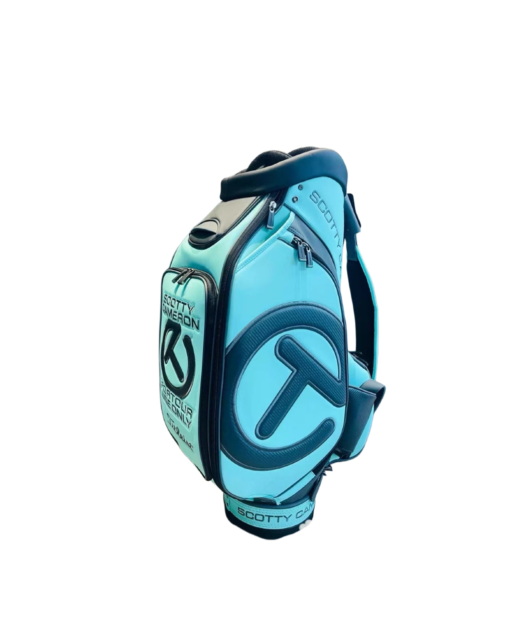 Blue golf bag with Scotty Cameron logo on a white background