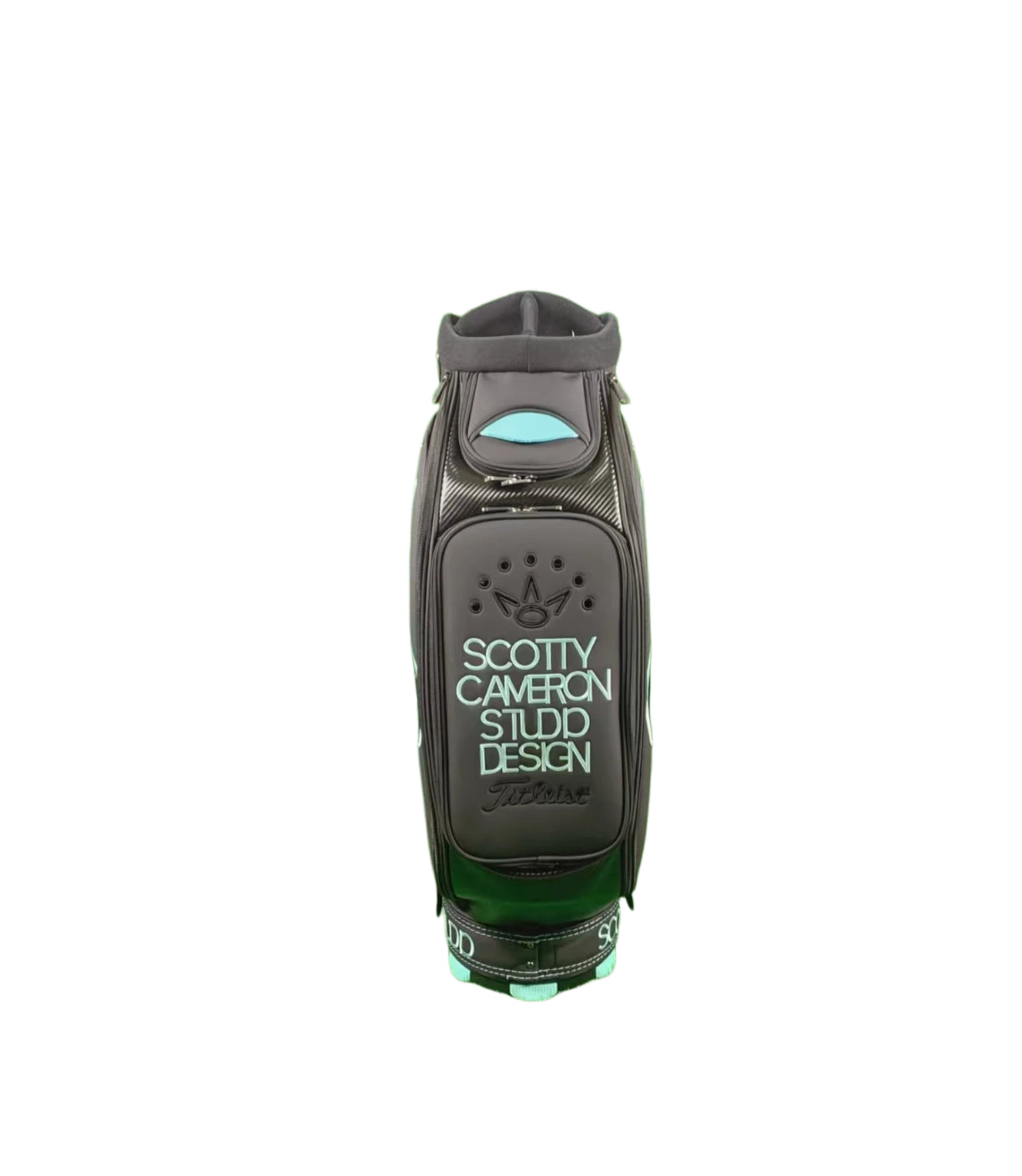  Front view of the Scotty Cameron Supercar Staff Bag, featuring a black body with light blue accents, the 'SCOTTY CAMERON STUDIO DESIGN' text, and a debossed crown logo on the main pocket.