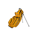 Angled view of the Scotty Cameron Supercar Stand Bag in vibrant yellow. Features the iconic "Scotty Cameron Fine Milled Putters" script, a grey Circle T logo on the strap, and a durable dual-leg stand system for stability on the course.