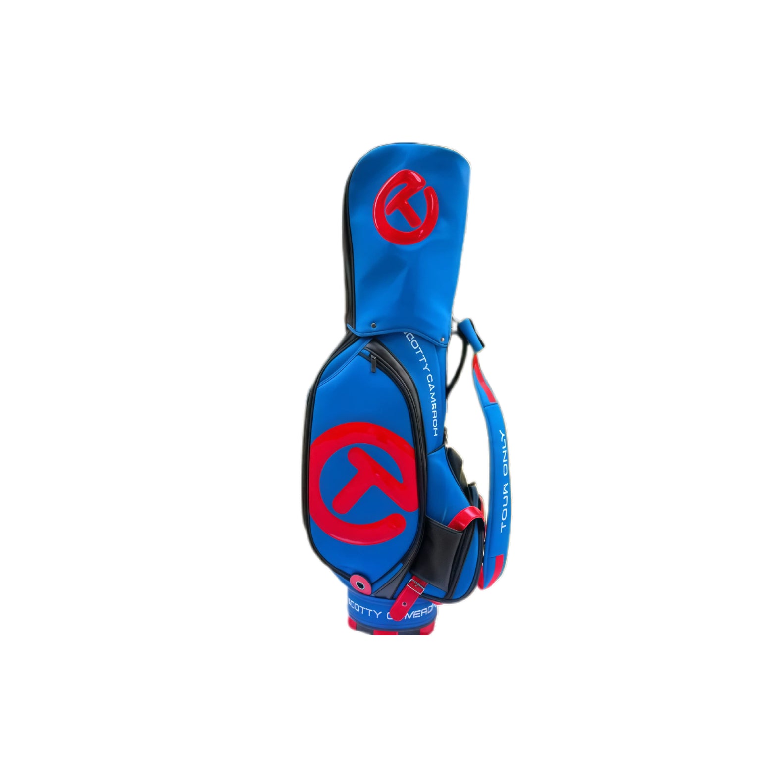 Front view of the Scotty Cameron Staff Bag in blue, red, and black. This image highlights the prominent "Circle T" logo, the "TOUR ONLY" branding on the strap, and the sleek, aerodynamic shape of the bag.