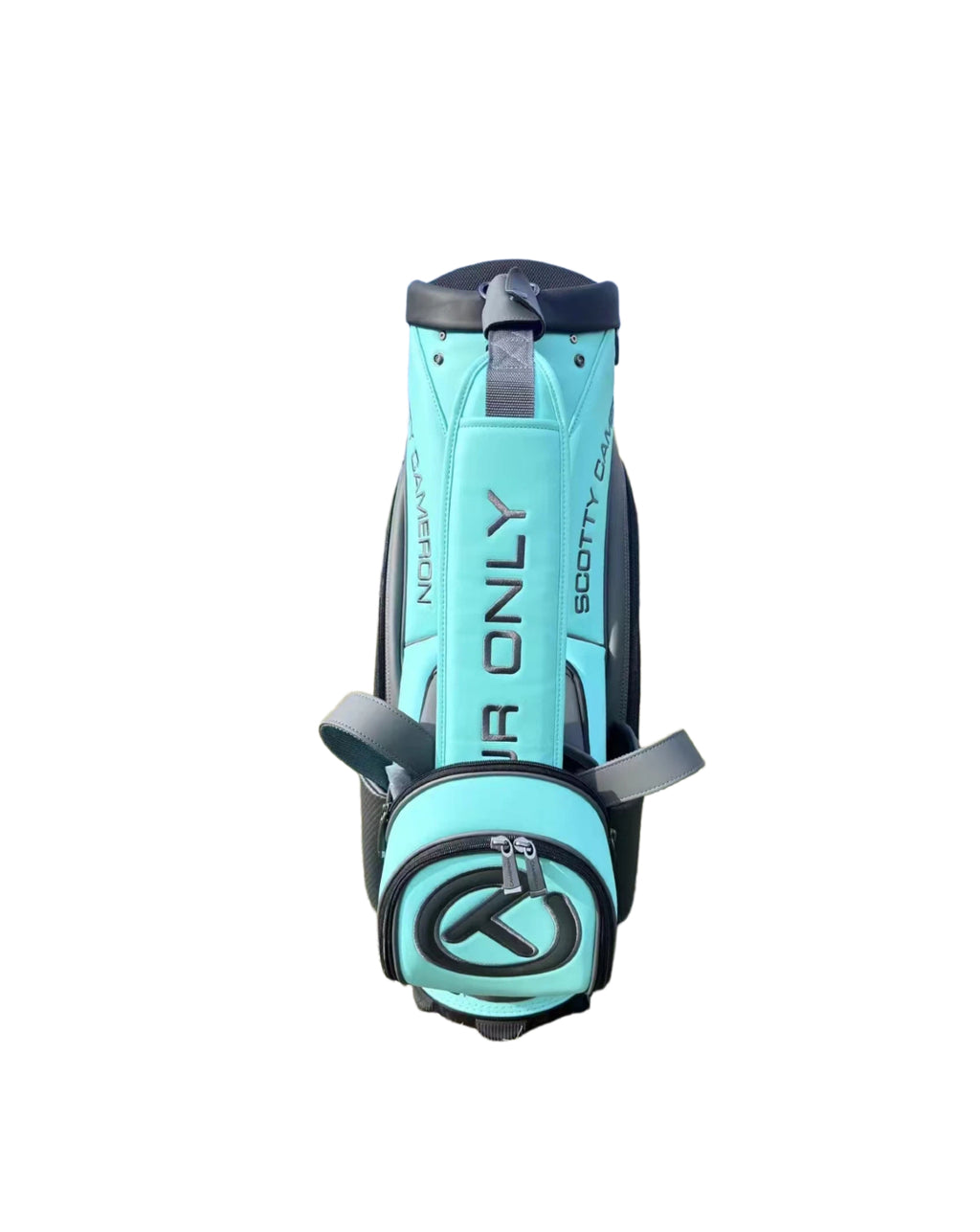 Turquoise and black backpack with visible branding on a white background