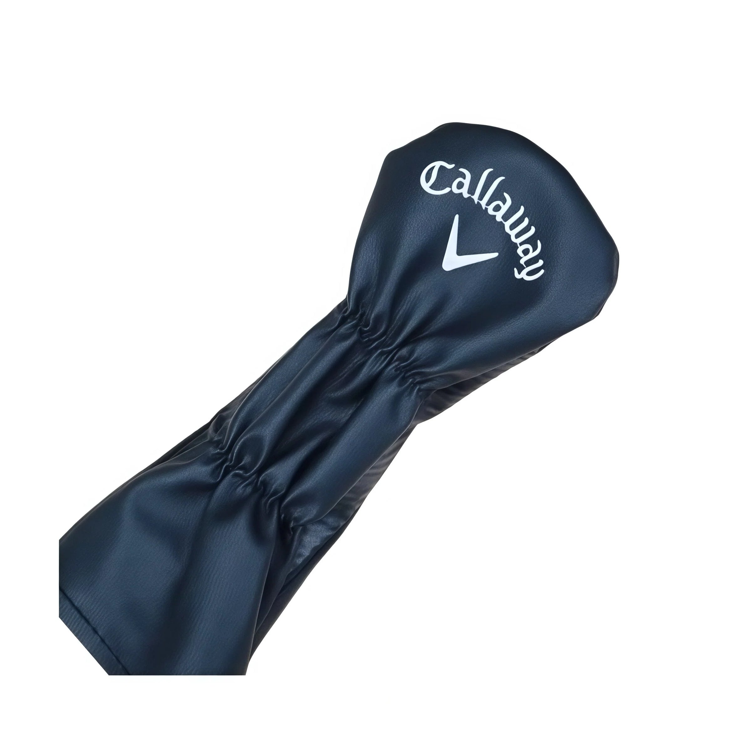 Angled side shot of navy Callaway wood cover revealing stretchy elastic collar for easy installation/removal and plush interior lining to prevent club face damage — ideal for graphite or steel shafted woods and hybrids
