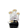 Sunflower Golf Headcovers Set in white with smiling sunflower design and magnetic closure - includes driver, fairway, hybrid, and putter covers made of PU leather for universal fit and stylish club protection