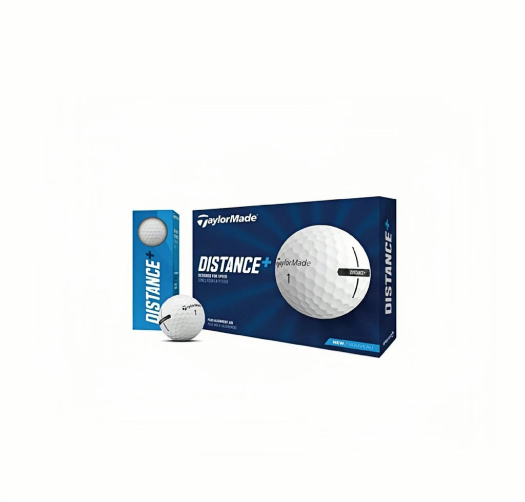  TaylorMade Distance+ golf balls with alignment aid design, displayed alongside its blue packaging box, highlighting the new model for speed and precision.