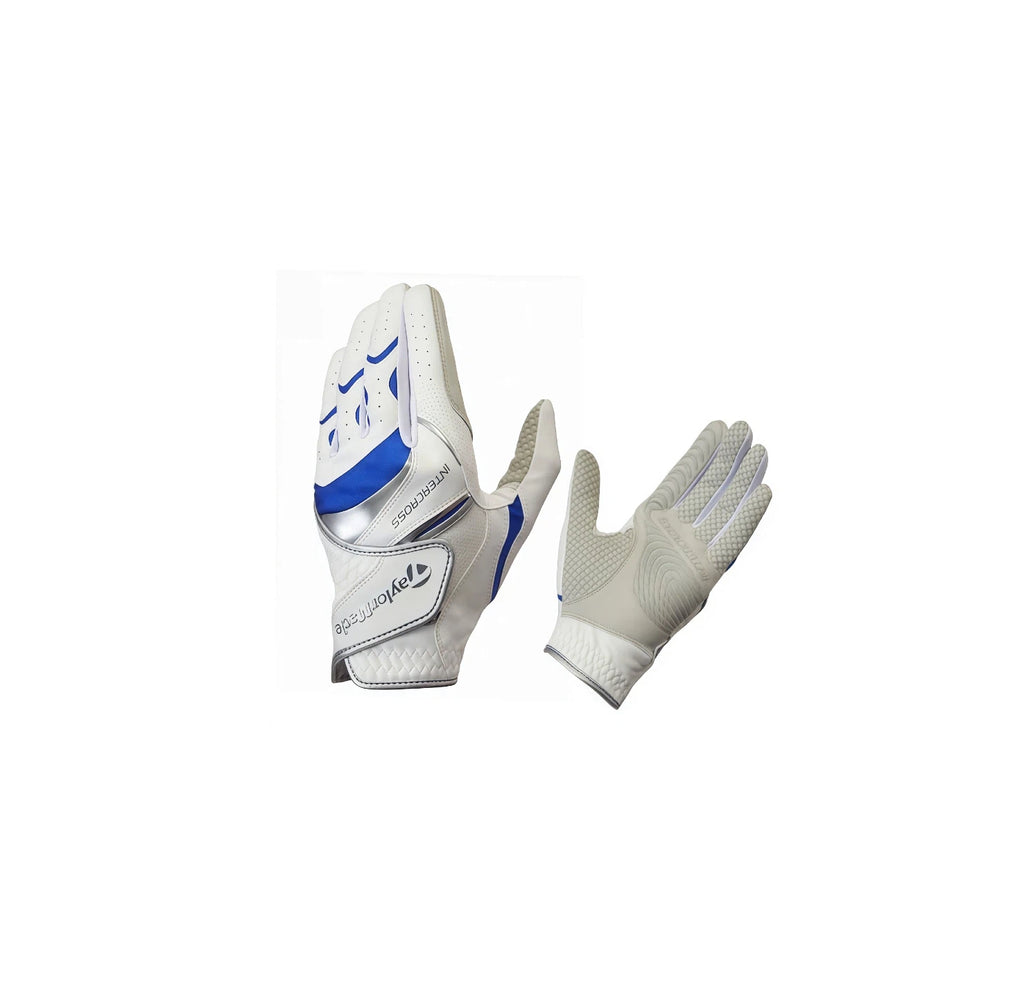 Front and back view of TaylorMade Intercross golf glove showing reinforced palm for superior grip, flexibility, and moisture-wicking fabric.