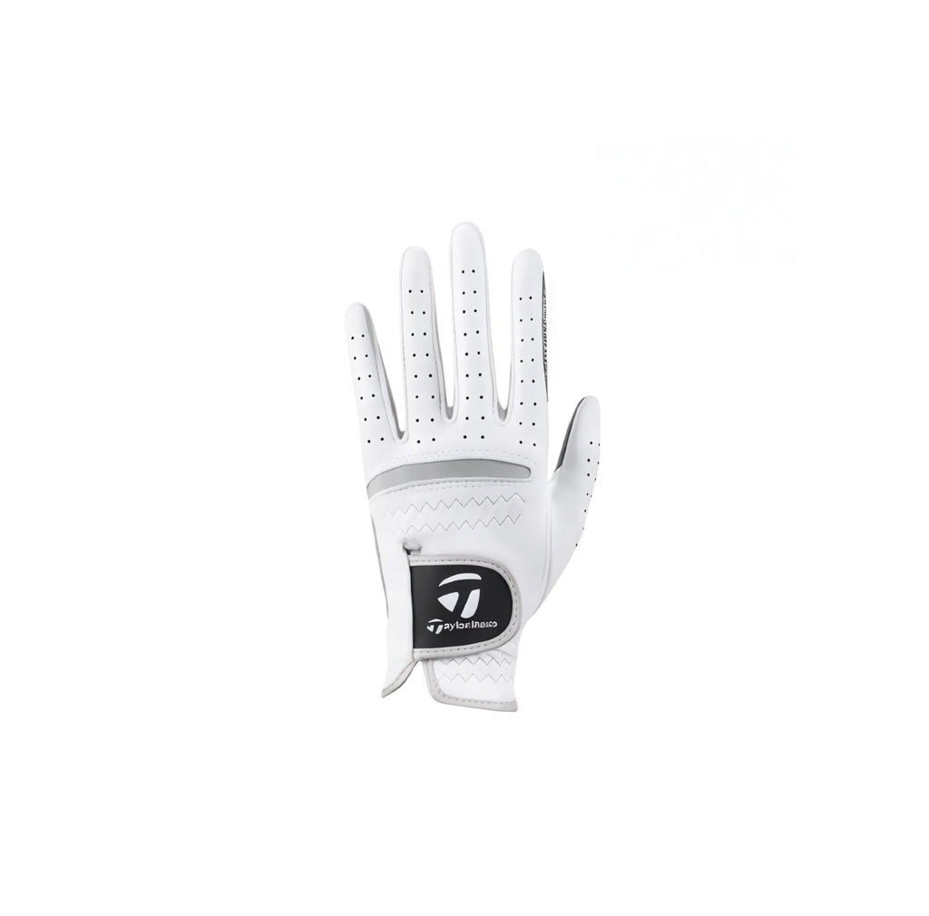 TaylorMade men's golf glove made of durable lambskin leather, featuring a breathable perforated design on the fingers and a secure velcro wrist strap for a comfortable fit.