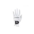 TaylorMade men's golf glove made of durable lambskin leather, featuring a breathable perforated design on the fingers and a secure velcro wrist strap for a comfortable fit.