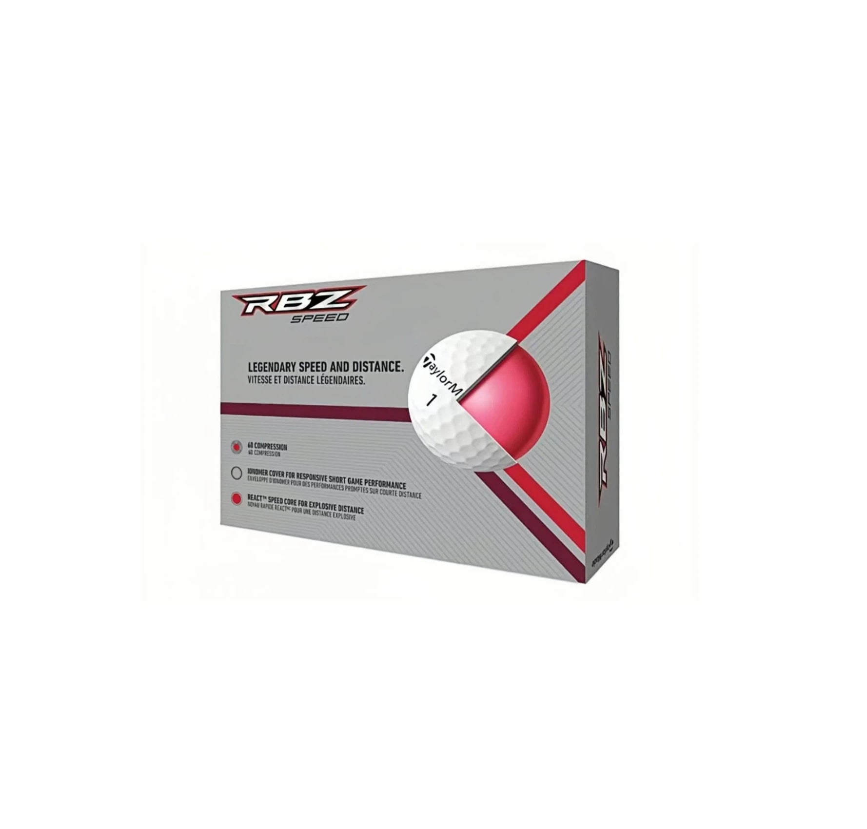 TaylorMade Rocket Ballz Speed 2025 golf balls box with a cross-section view, illustrating the internal core design for explosive distance and responsive short game performance.