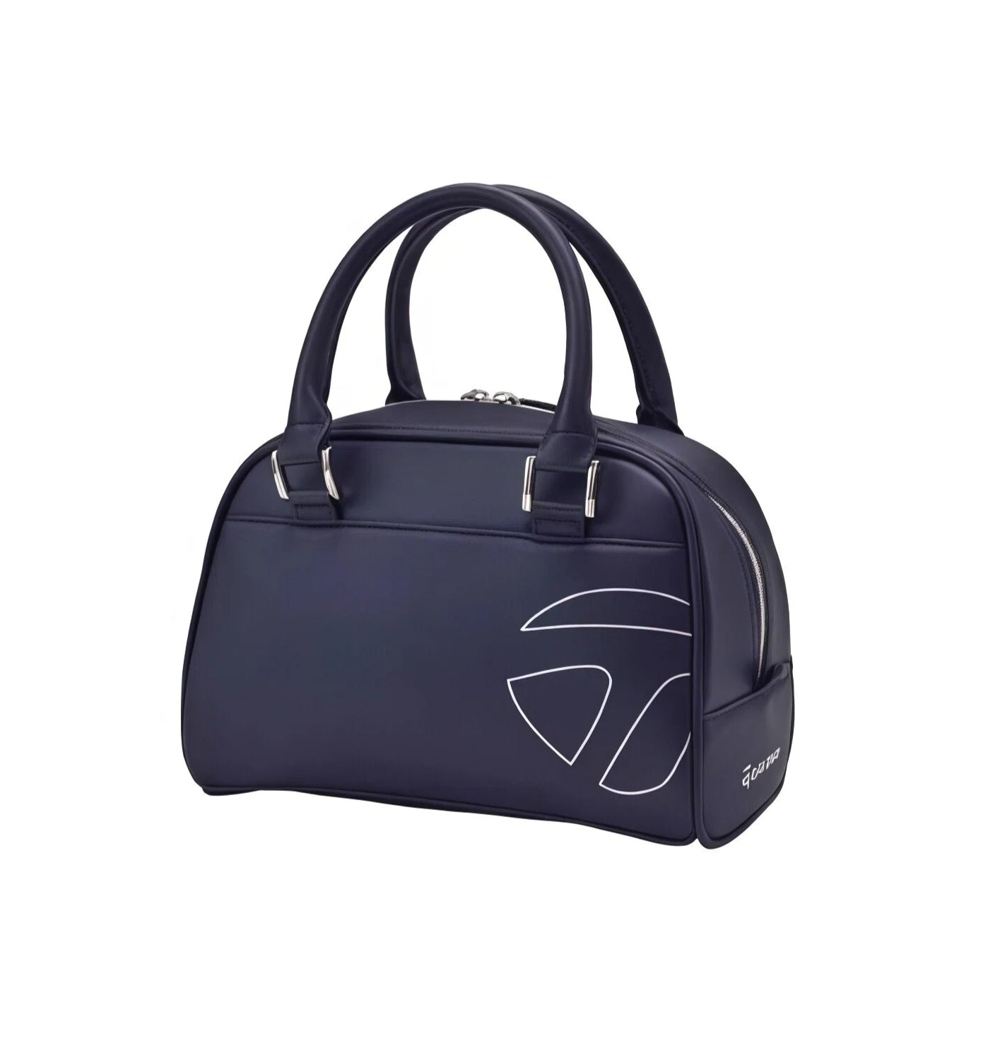 Front view of the TaylorMade Women’s Golf Tote in navy blue featuring a white-outlined "T" logo. Includes dual top handles, silver-tone hardware, and a side zippered pocket.