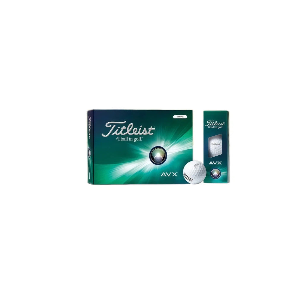 Titleist AVX 2026 Loyalty Rewarded golf balls in a green box, featuring a dozen white golf balls with "AVX" branding, designed for low trajectory, soft feel, and long-distance performance.