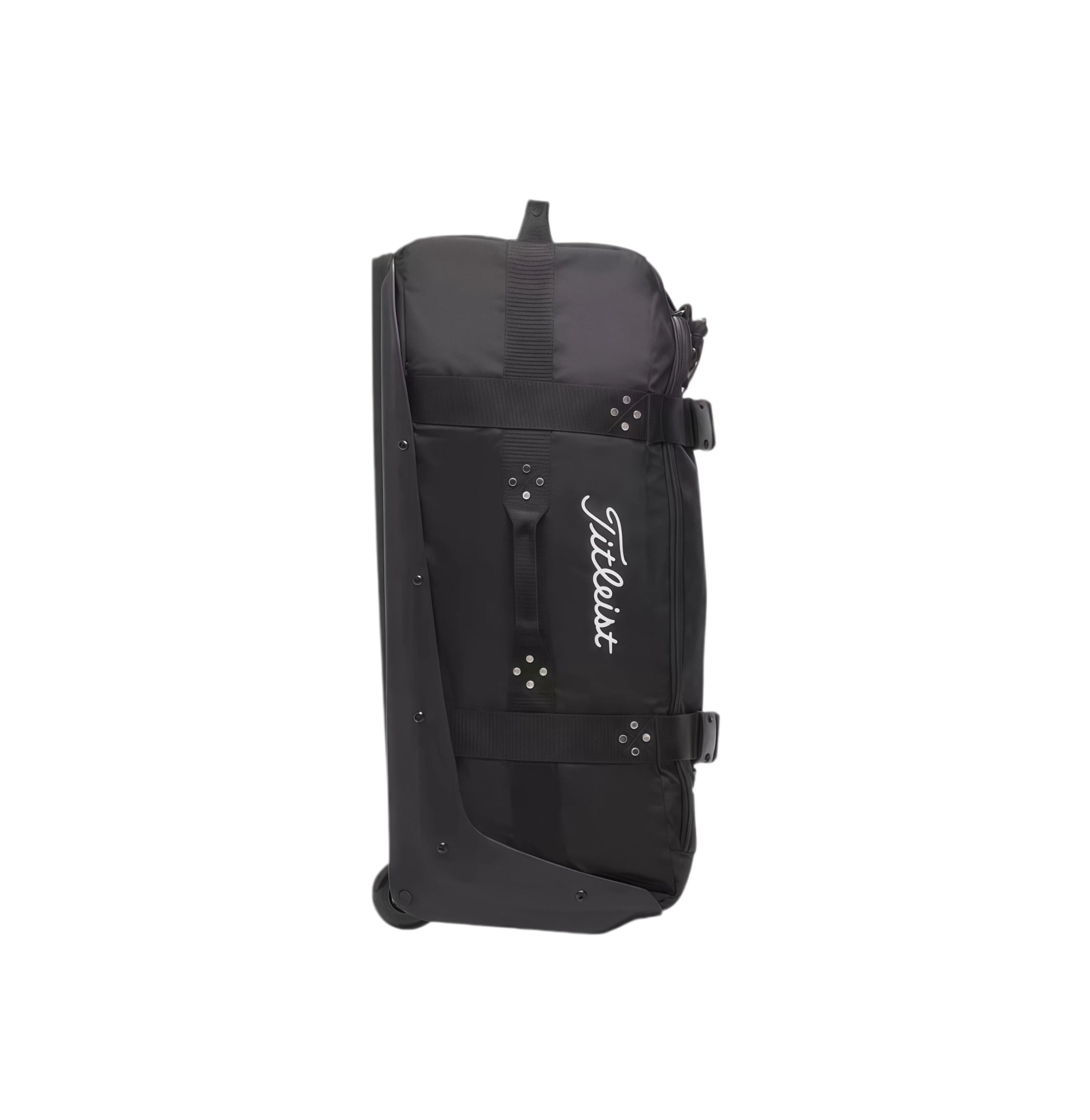 Side view of the black Titleist Club Rolling Duffle Bag showcasing dual spinner wheels, reinforced corners, and durable fabric. Designed for smooth mobility during travel.