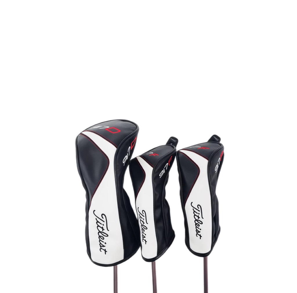 Titleist D-917 golf driver headcover in black and white leather, showcasing red stitching details and the iconic Titleist logo, providing durable protection for your driver club head.