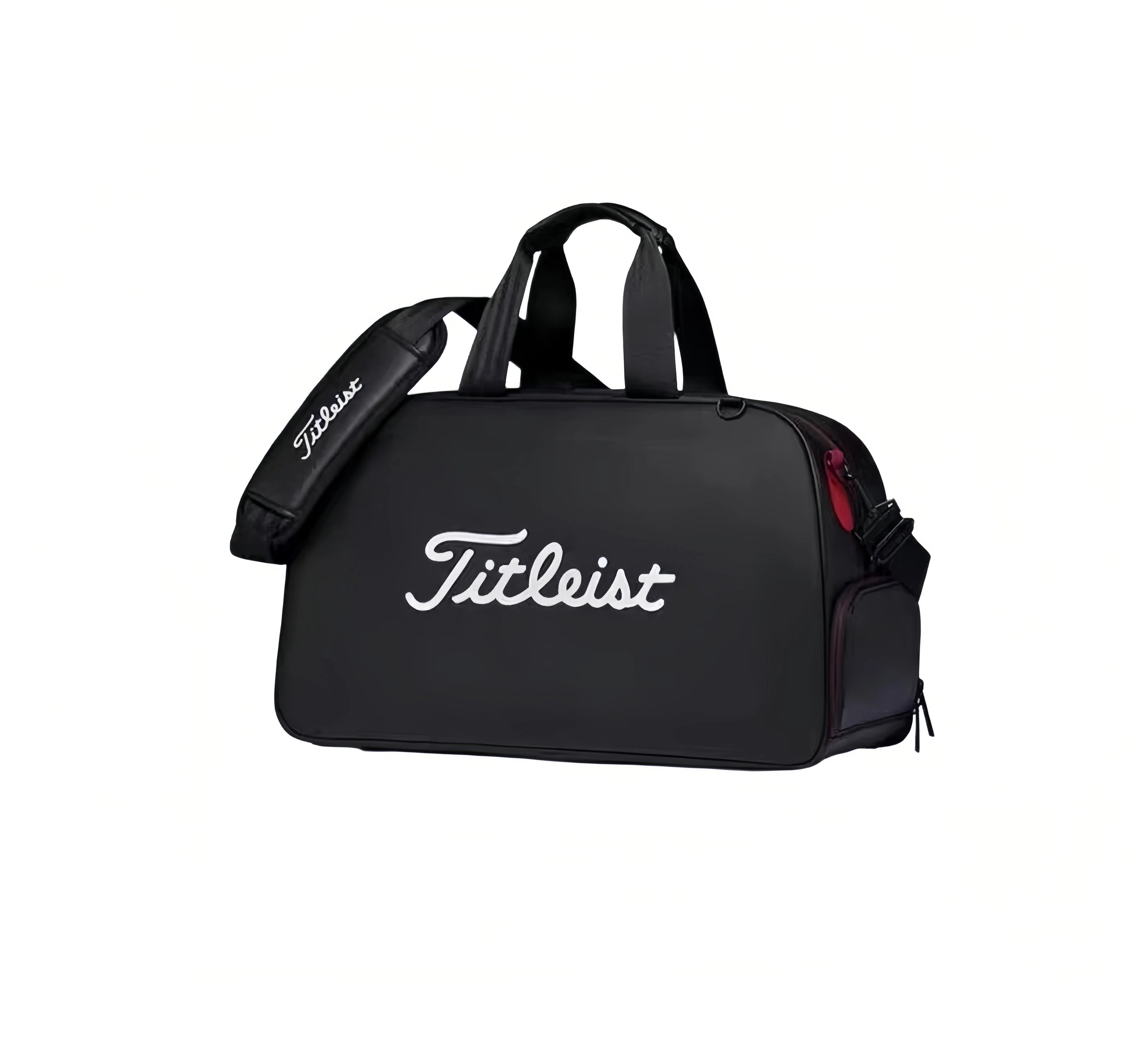 Black Titleist Duffel Bag with bold white "Titleist" script logo and red zipper pulls. Includes dual handles, padded shoulder strap, and side pocket. Perfect for stylish athletes and golfers.