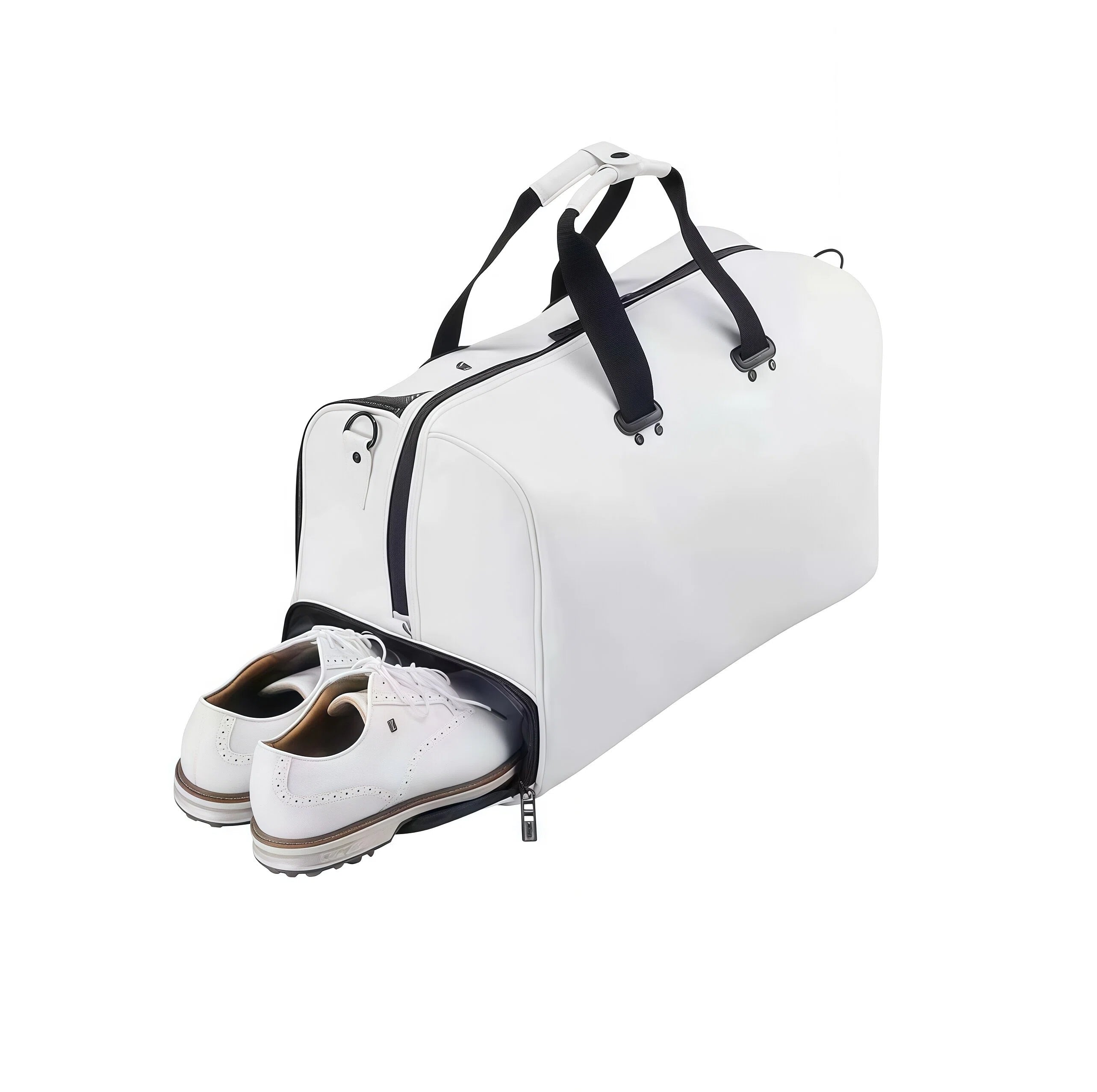 Close-up of the white Titleist Golf Boston Travel Bag showing the zippered shoe compartment with a pair of white golf shoes inside. Designed to keep footwear separate and organized during travel.