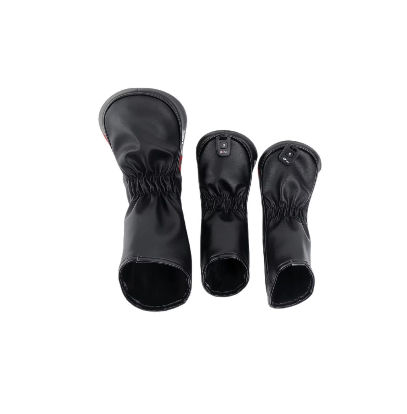 Set of all-black Titleist golf driver headcovers, featuring a sleek leather design with subtle red accents, ideal for protecting your 1 wood and fairway wood clubs with a minimalist and professional aesthetic.