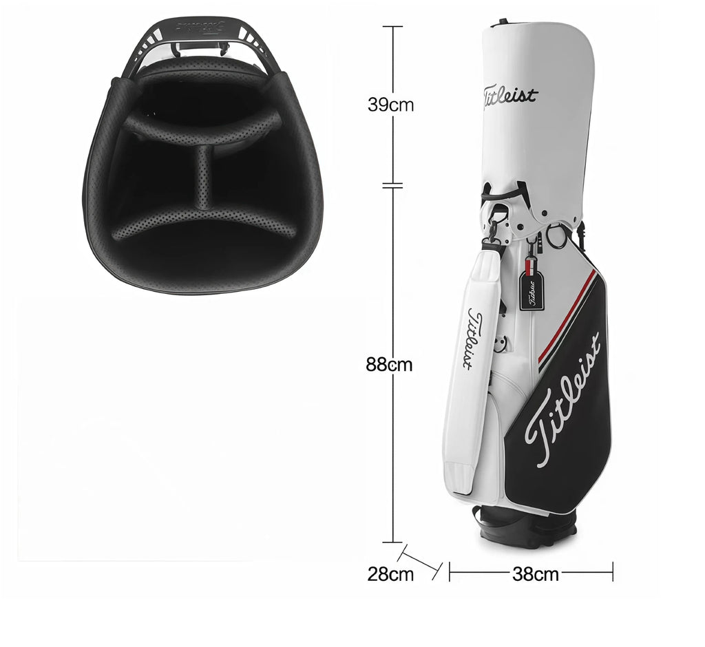 Size diagram of the Titleist Players 4 Plus Stand Bag showing dimensions: 88cm height, 38cm width, 28cm depth, and 39cm top opening. Ideal for standard club storage and compact transport.
