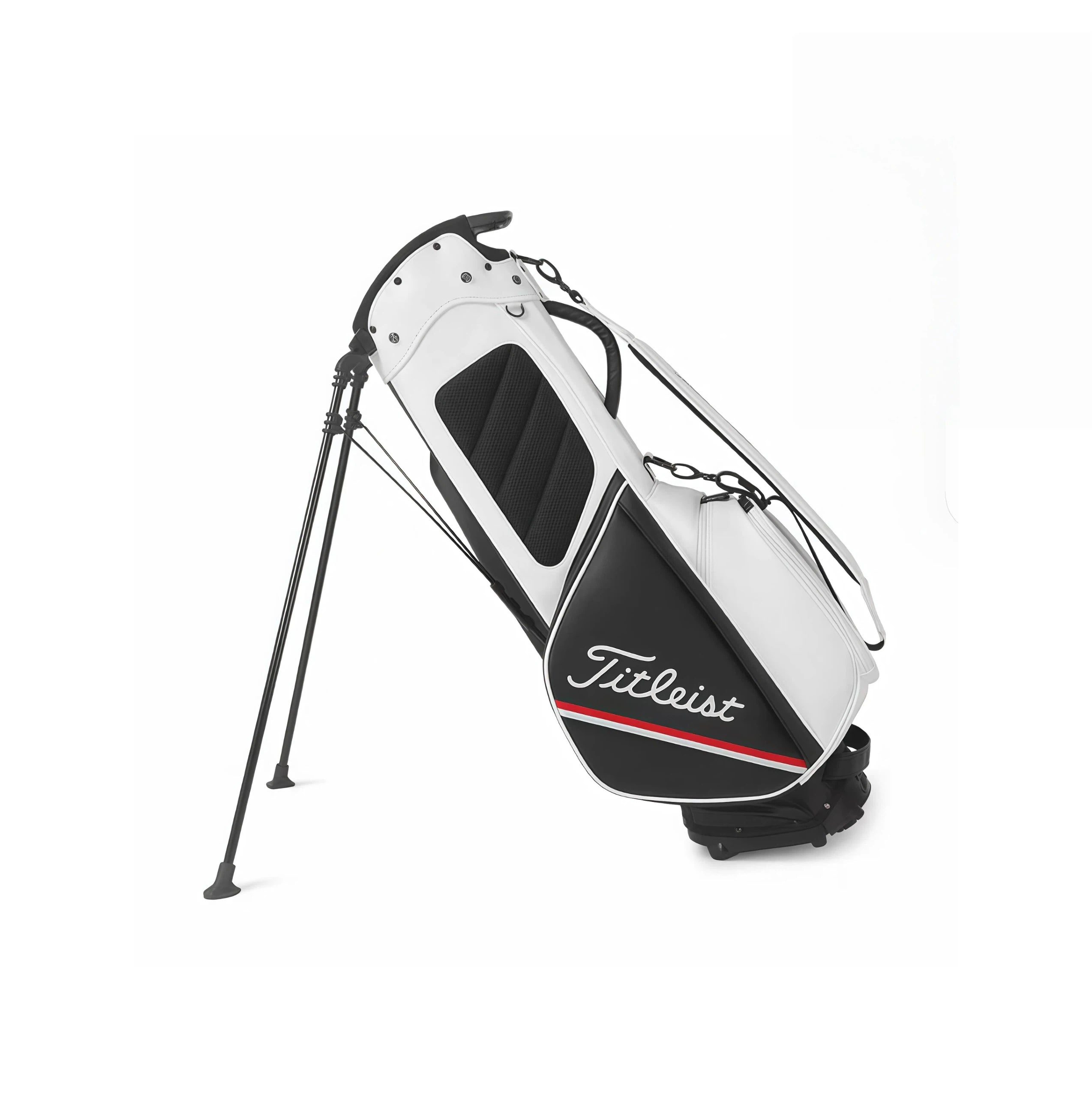 Side view of the Titleist Players 4 Plus Stand Bag in white and black. Features the large "Titleist" script logo, red accent stripe, and ergonomic shoulder strap. Designed for comfort and style.