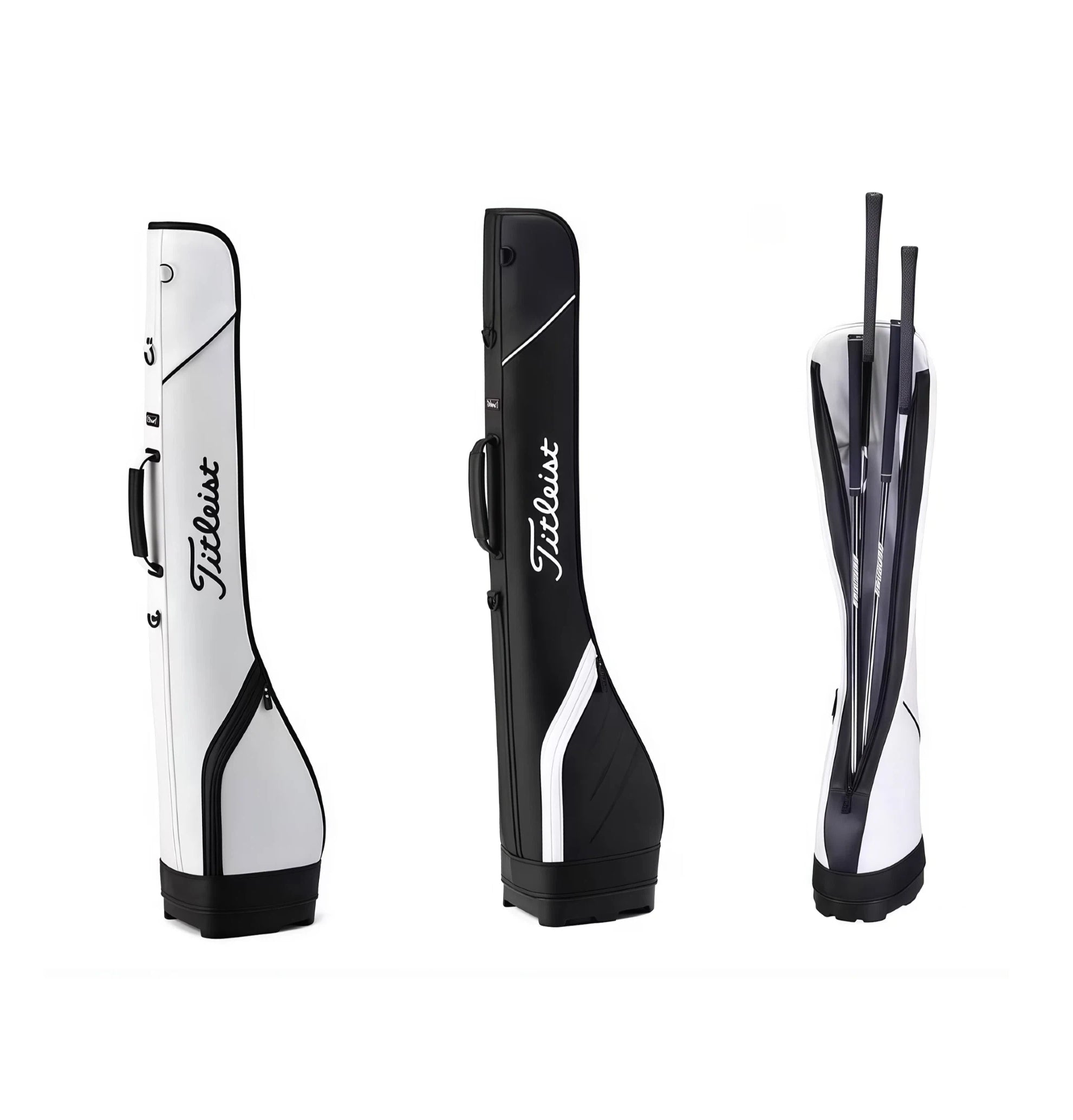 Three-view display of the Titleist Premium Carry Bag: white version, black version, and open view showing internal storage. Highlights the slim profile, reinforced base, and protective interior for golf clubs.
