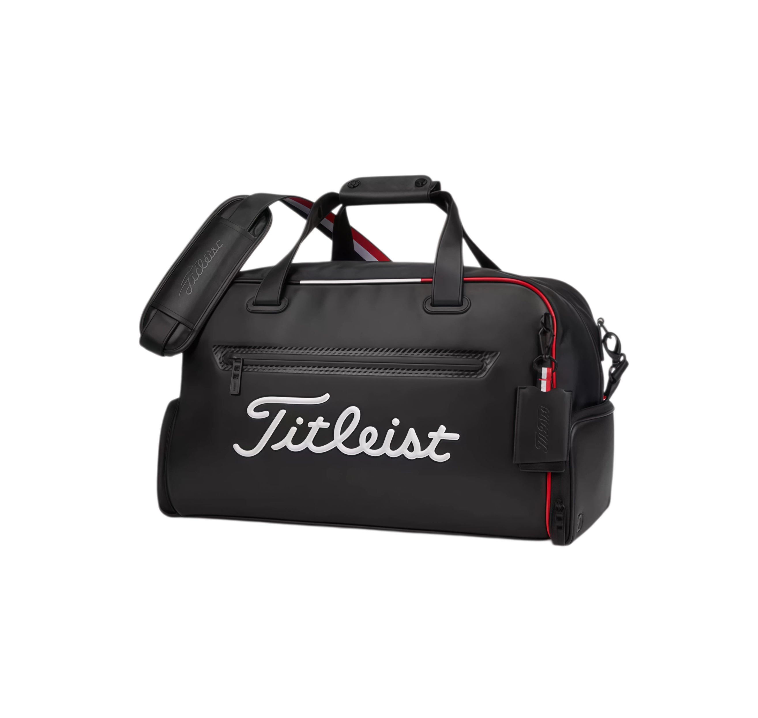 Angled view of the black Titleist Premium Golf Duffel with bold white embroidered "Titleist" logo, front zippered pocket, and branded leather tag. Perfect for golf and weekend travel.