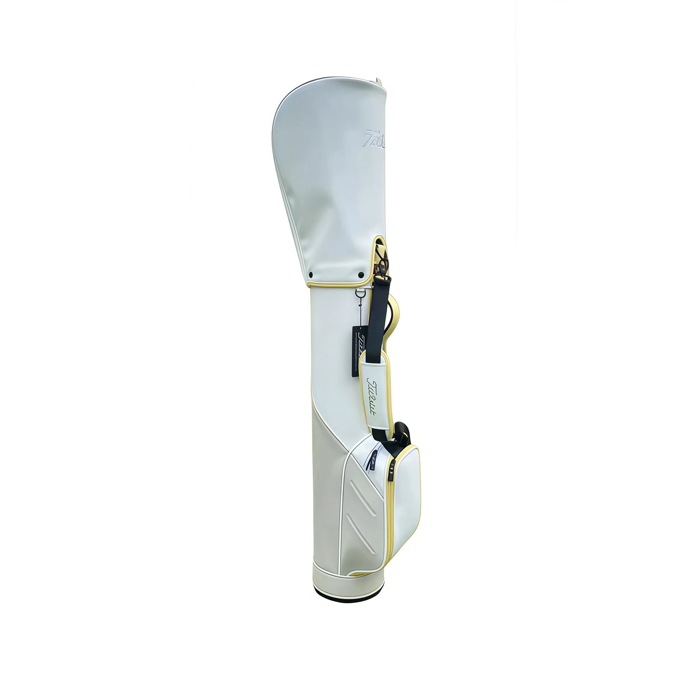 Side view of the Titleist Premium Sunday Carry Bag in white with gold trim. Features a sleek design, reinforced head cover, detachable shoulder strap, and side zippered pocket. Perfect for stylish golfers.