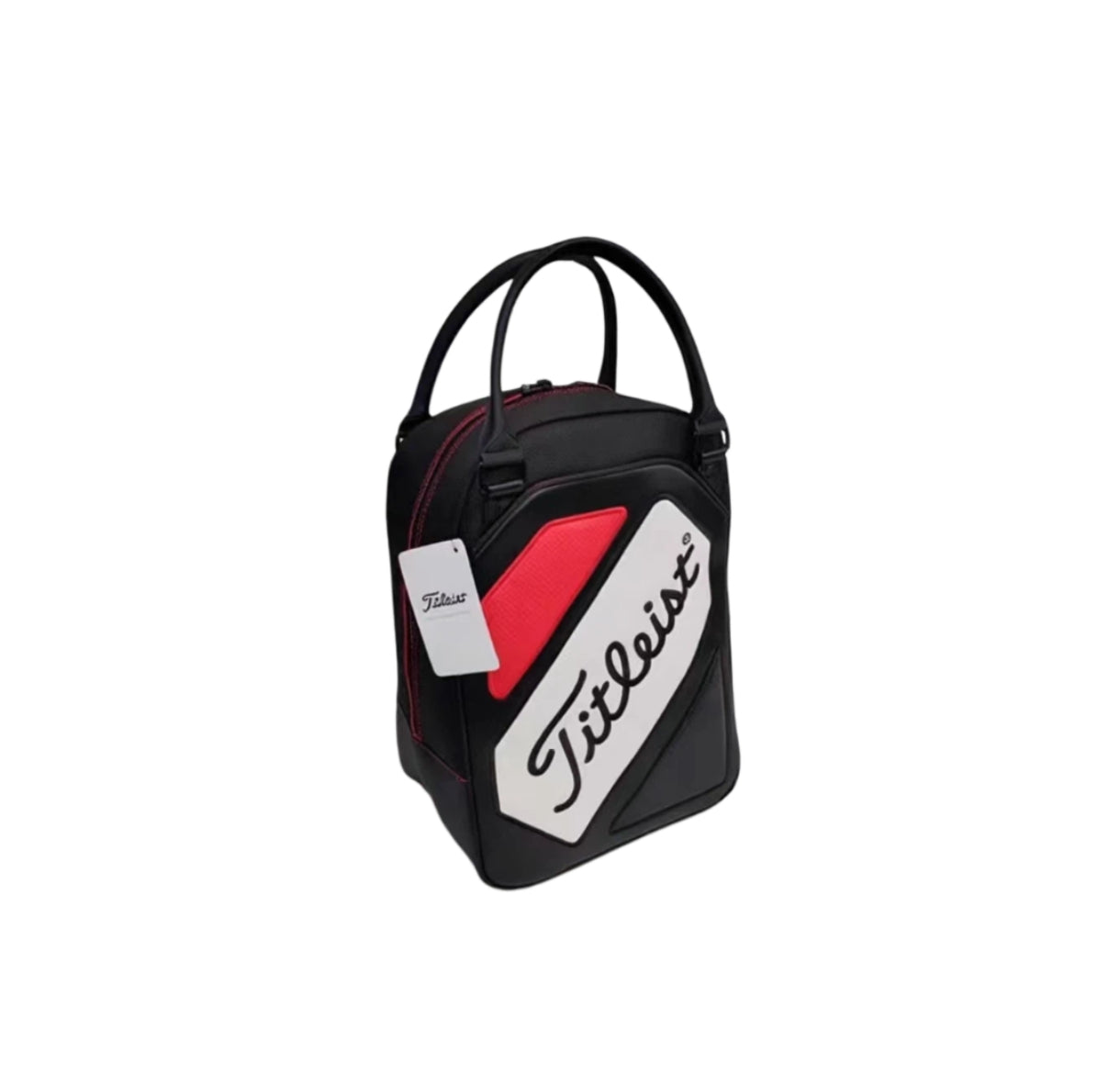 Angled view of the Titleist Quilted Golf Tote Bag in red and black, featuring a vibrant red logo panel with black "Titleist" script, quilted diamond stitching, and dual top handles. Designed for bold style on the golf course.