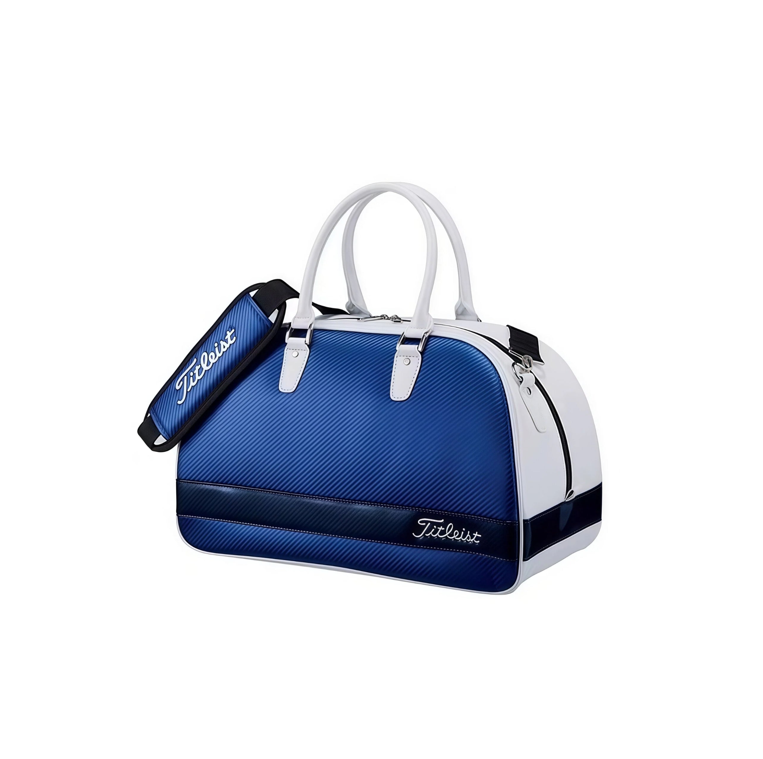 Blue and white Titleist duffel bag with glossy carbon finish, branded strap, and elegant design. Ideal for weekend getaways and golf.