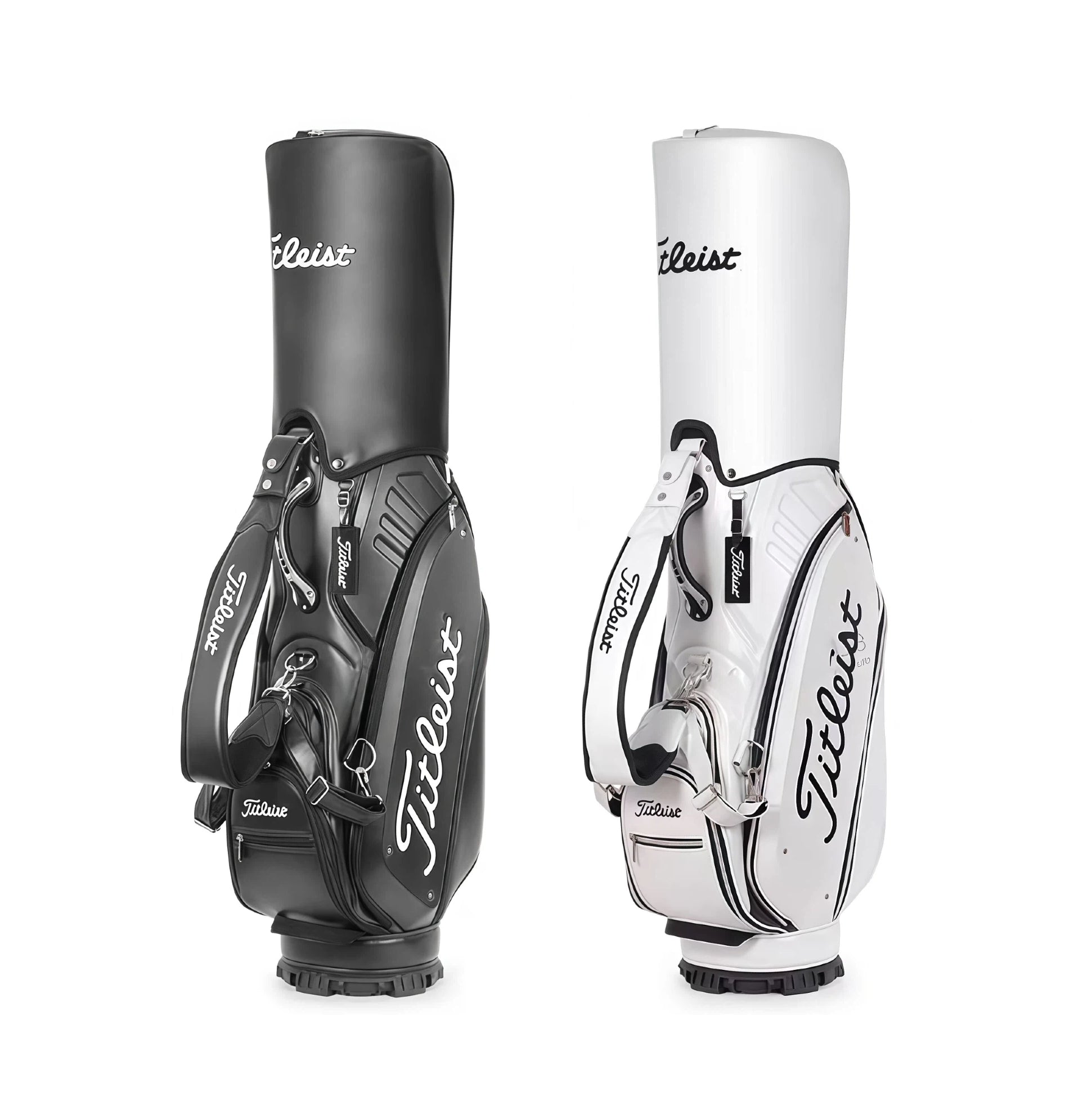 Side-by-side comparison of the Titleist Standard Cart Bag in black and white finishes. Both feature the "Titleist" script logo, dual straps, reinforced base, and premium synthetic material. Choose your preferred color for maximum style and function.