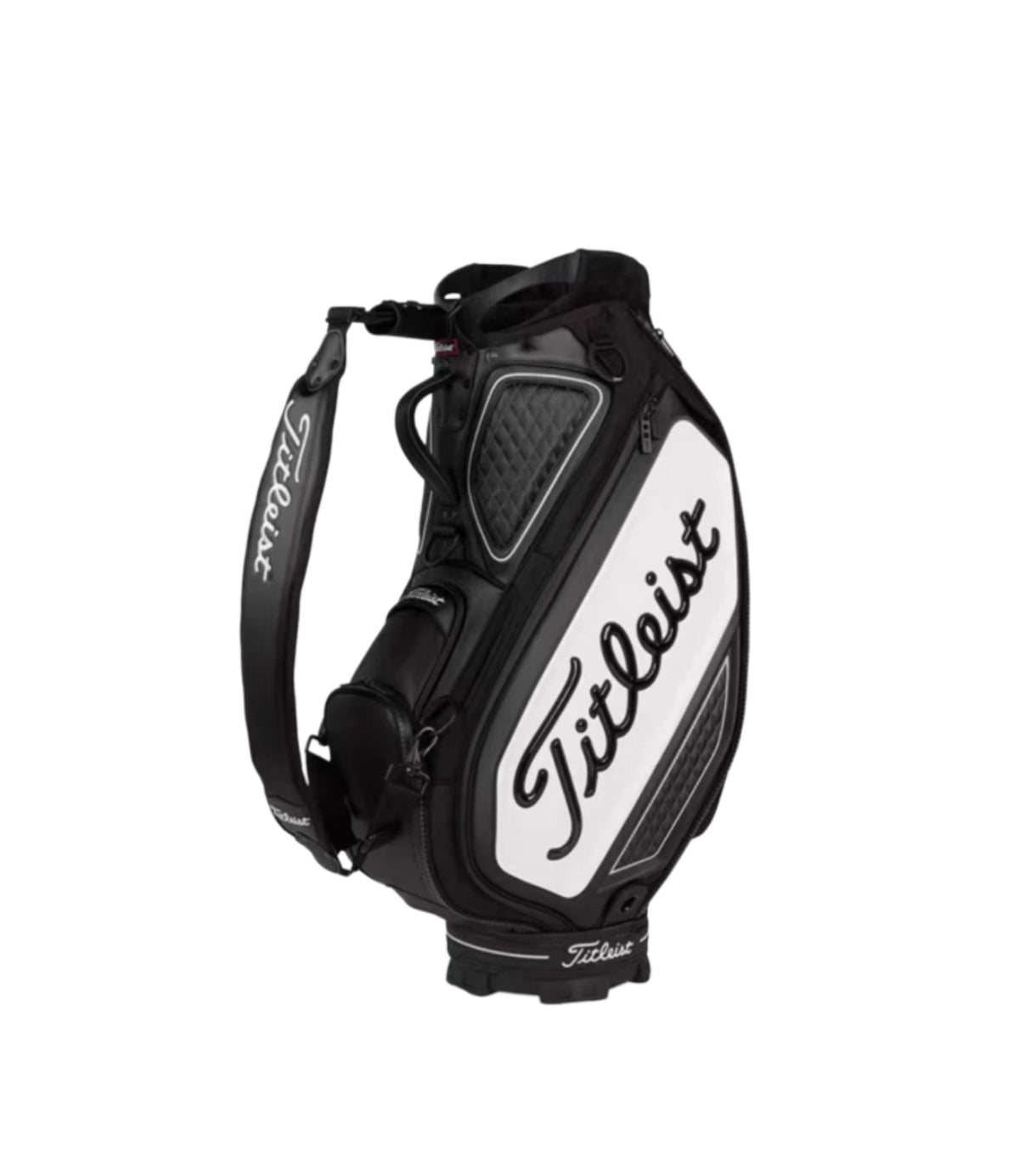 Front-facing view of the Titleist Tour golf bag in black with red piping and prominent white "Titleist" logo. Showcases quilted texture, water-resistant exterior, and compact yet spacious design suitable for both cart and carry use.