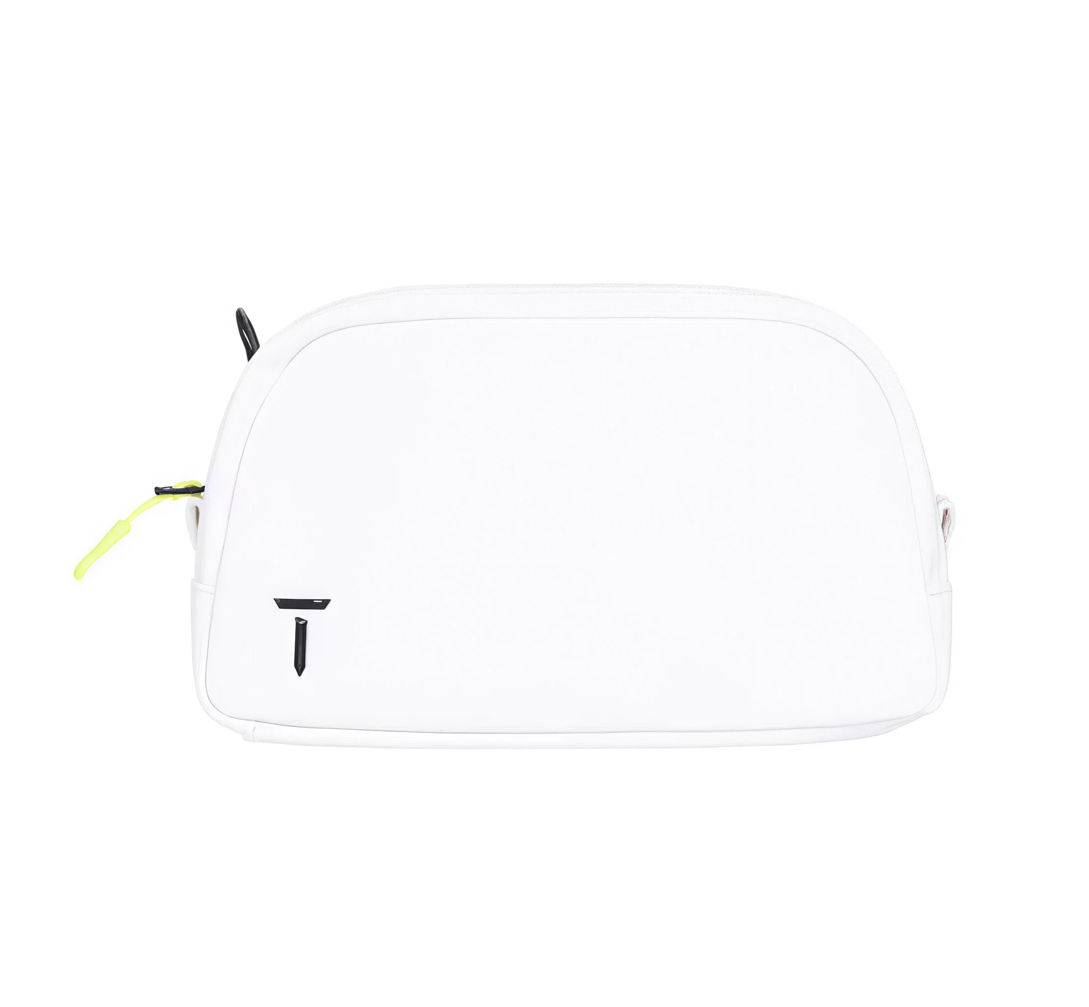 Top-down view of the white European Tour accessory pouch featuring a black "T" logo and neon yellow zipper pull. Sleek and functional for everyday carry.