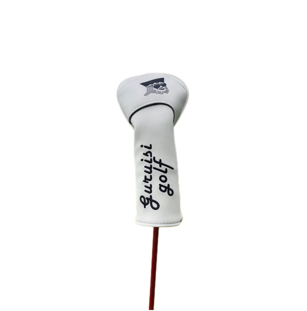 White universal golf headcover for driver or fairway wood, featuring GuruGolf branding and contoured fit for optimal protection.
