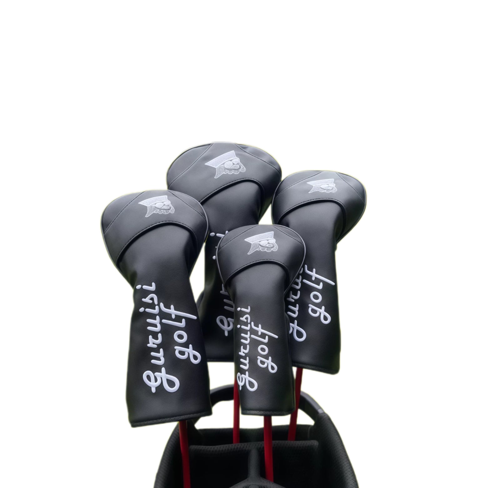 Black universal golf headcovers set for woods and putters, featuring GuruGolf logo and durable material, ideal for protection and style.