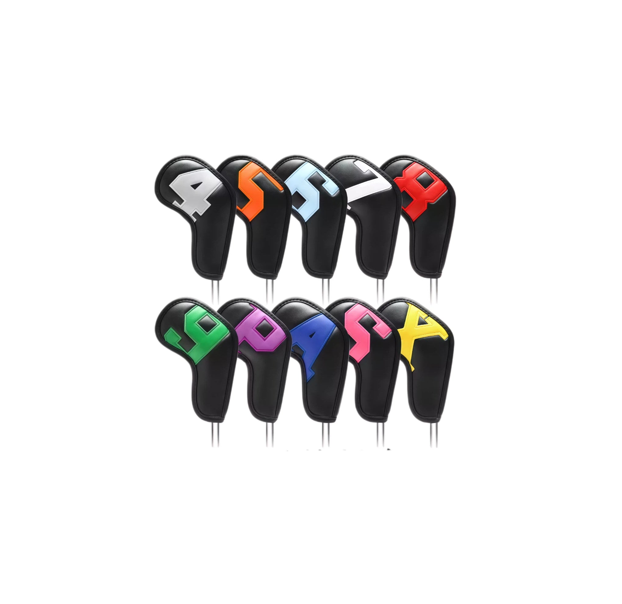 Set of eight black gaming joystick covers with colorful lettering on a white background