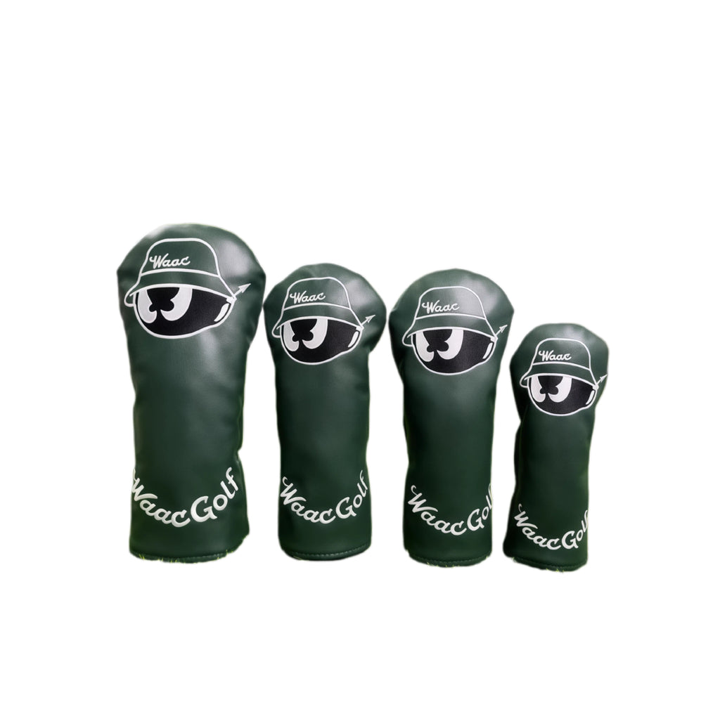 Waac Classic Green Cartoon Golf Headcover Set featuring white embroidered logo with "Waac" text on bucket hat design, includes driver, fairway wood, hybrid, and putter covers, universal fit for all golf clubs.