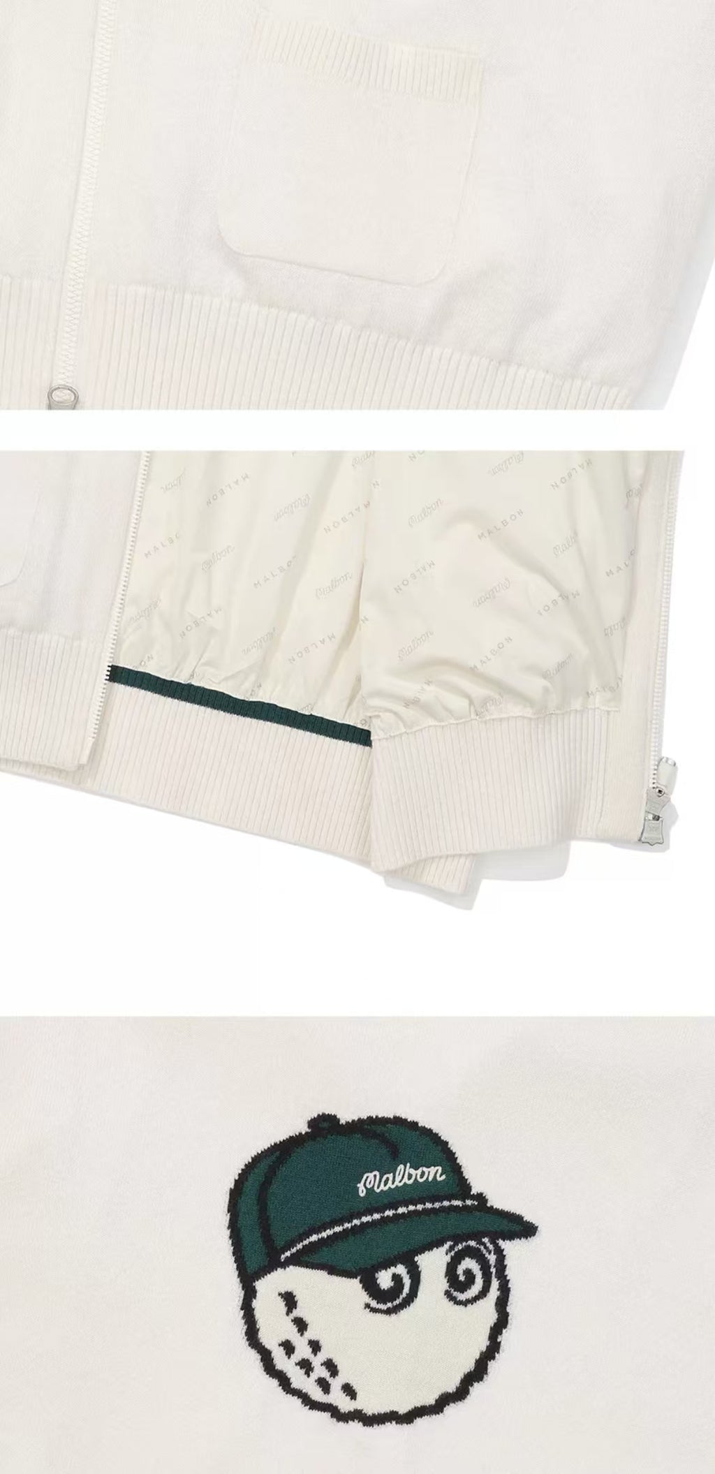 Malbon Preserve Buckets Knit Windbreaker White golf apparel hem and back logo detail