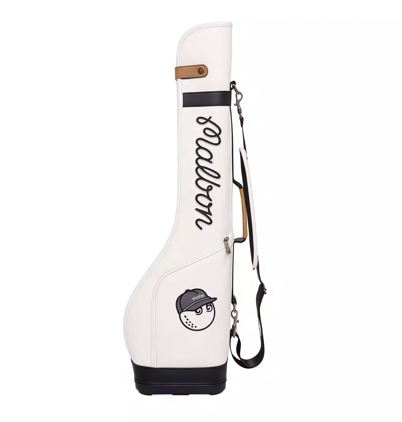 White Malbon Golf Sunday bag with black script logo and playful golf ball character patch. Sleek design with adjustable shoulder strap and zippered pocket.