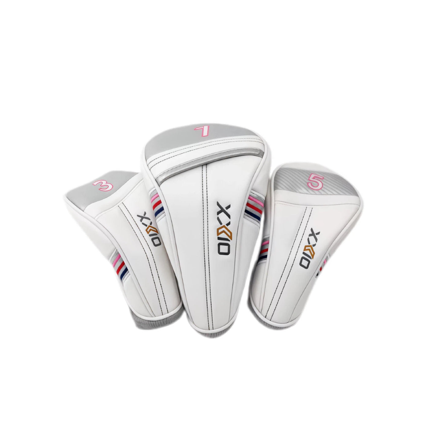 White XXIO golf headcover set featuring driver, fairway wood, and hybrid covers with sleek pink, blue, and gray striped accents — premium PU material with "XXIO" branding and numbered tops for easy identification.