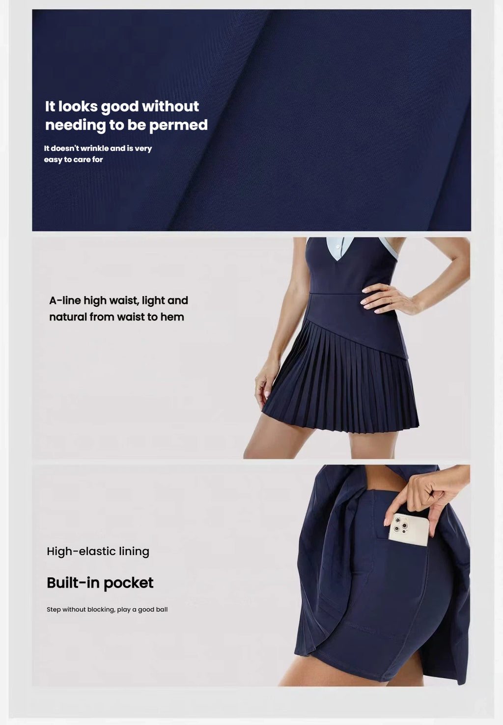 OZERO Navy pleated golf dress fabric and trim details
