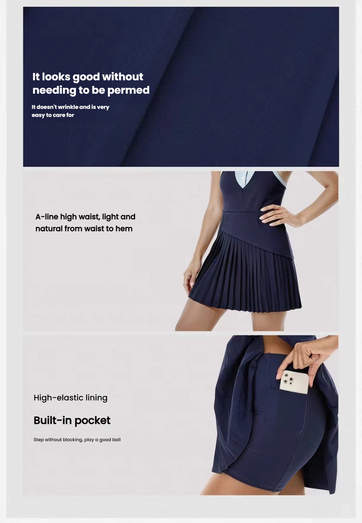 OZERO Navy pleated golf dress fabric and trim details