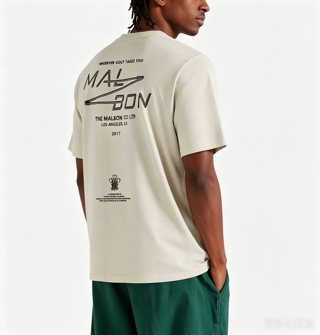 Malbon Bermuda Utility Men's Graphic Golf T-Shirt Beige model back view