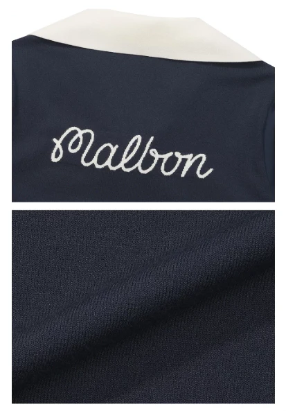 Malbon Women Golf Ice Silk Polo Shirt Knit Collar Top 2026 Navy Blue fabric and trim detail