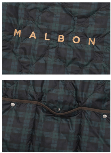 Malbon Golf Men’s Plaid Insulated Full-Zip Padded Jacket back logo and hem detail