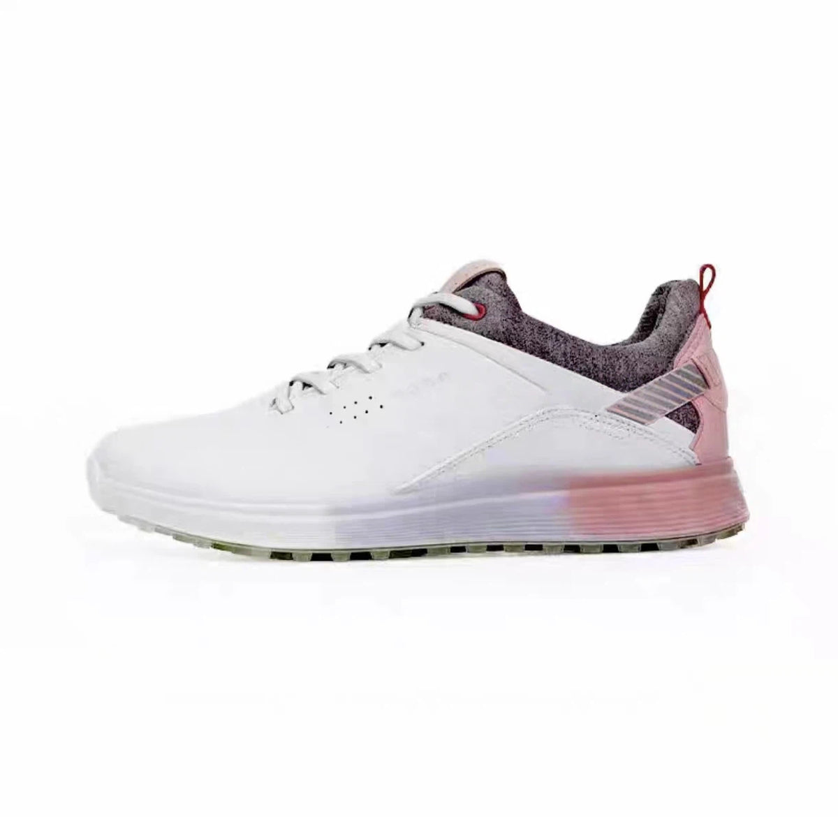 women’s leather anti-slip golf shoes in White & Pink, side profile