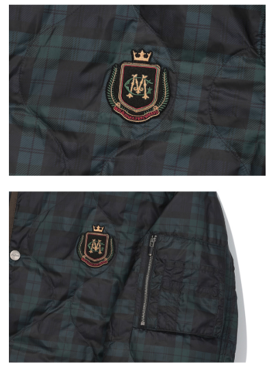 Malbon Golf Men’s Plaid Insulated Full-Zip Padded Jacket chest logo and pocket detail